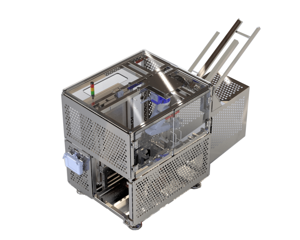 FEMC robotic arm denester showcasing automated tray handling system