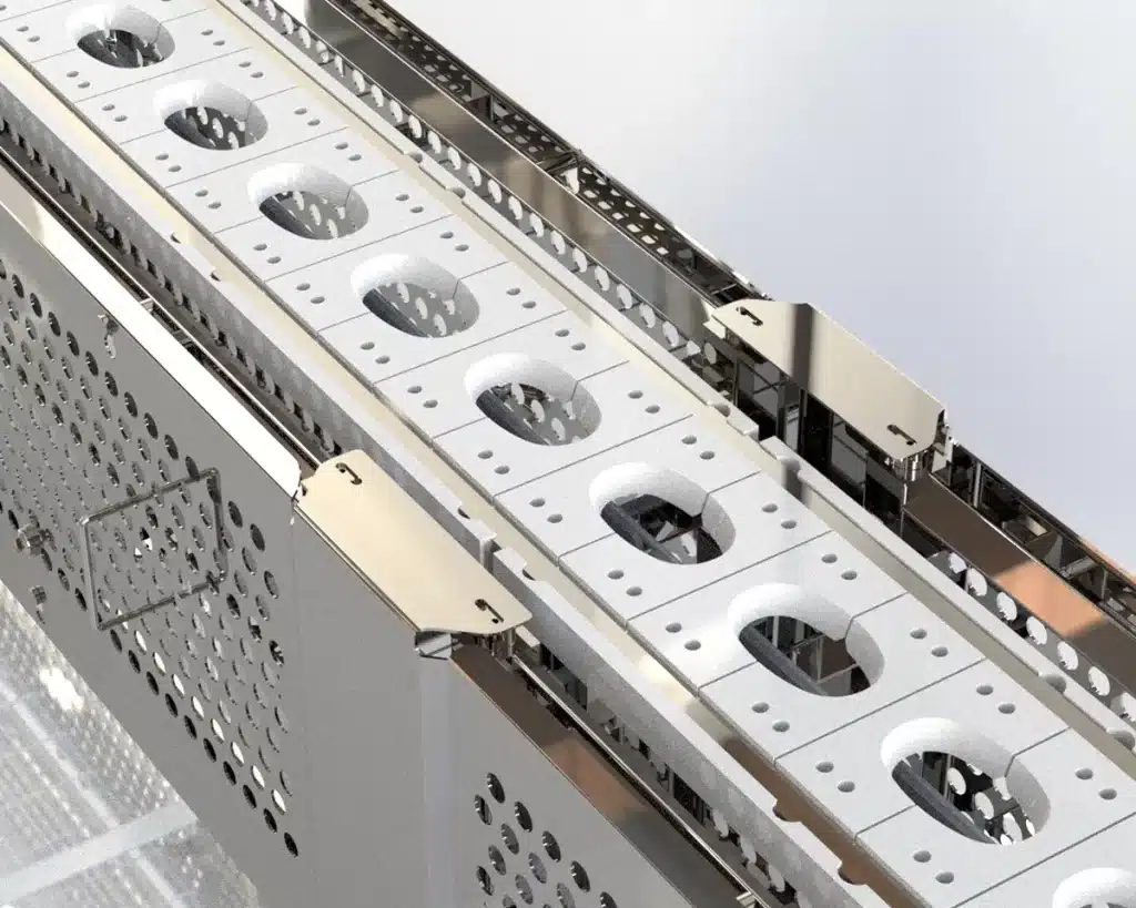 This is a 3D rendering of a fixtured conveyor belt from FEMC.