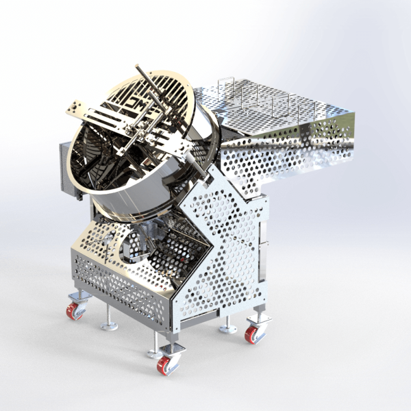 Angular dial filler dispensing IQF vegetables with telescoping self‑leveling pockets