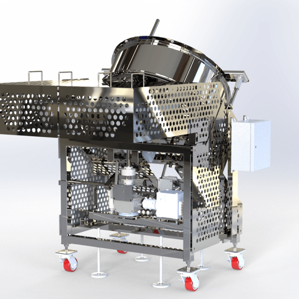 FEMC Funnel Dial Guide mounted over conveyor for precise particulate filling