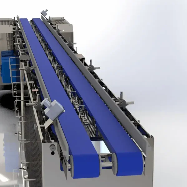 This is a 3D model rendering of an FEMC Flighted Belt Conveyor.