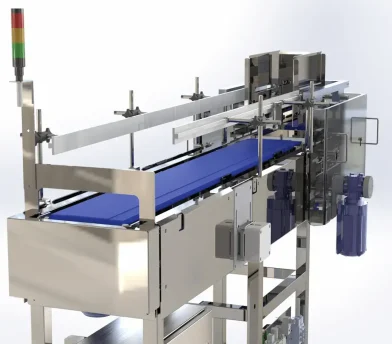 This is a 3D model rendering of an FEMC Flat Belt Conveyor.